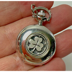 Pewter Mullingar Silver Tone Shamrock Small Pocket Watch Necklace Pendant Quartz